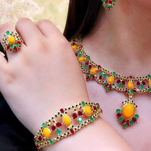 Soramoore Trendy Luxury Gorgeous Yellow Opal Necklace Earrings Bangle Ring Set for Women Ladies Girl Best Gift Bridal Jewelry
