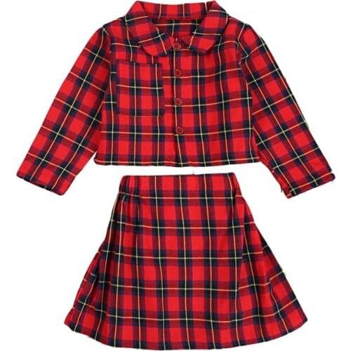 Pudcoco 2 Piece Top Skirt Suit Christmas Costumes Red Plaid Printed Turn-down Collar Full Length Regular Sleeve Sets
