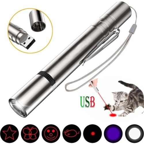WolFAce 7 in 1 USB Charging LED Laser Pointer Red Torch Flashlight Pen Cat Laser Pointer Training Tool Cat Dog Chase Toy Laser