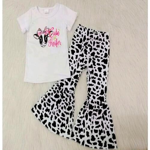 Latest summer fashion kids clothes toddler girl cow pint white top and bell pants set girl party outfit