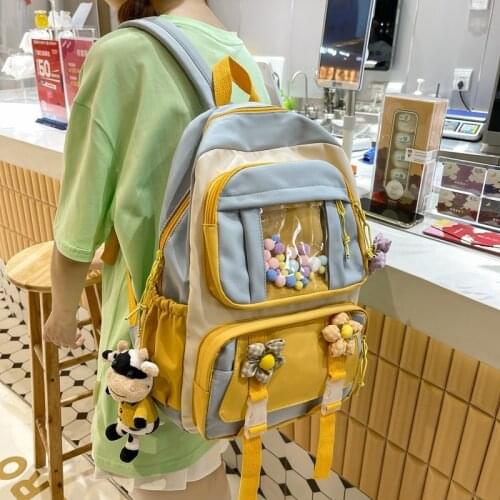 Fashion Womens Backpack Contrast Color Nylon Cute Doll Pendant Schoolbag For Girls Large Capacity Waterproof Travel Backpacks