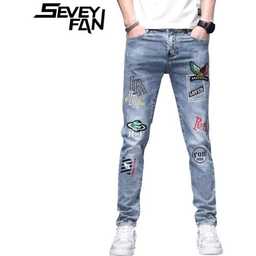 SEVEYFAN Mens Skinny Eagle Embroidery Jeans Fashion Printed Graffiti Slim Pencil Denim Pants High Quality Urban Jeans Trousers