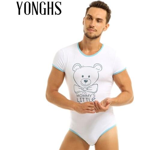 Mens Lingerie Bodysuit for Sex Round Neck Short Sleeves Press Button Crotch Snap Front Printed Bodysuit Romper Pajamas Jumpsuit