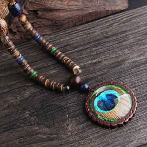 Handmade Nepal Necklace Buddhist Mala Wood Beads Pendant & Necklace Ethnic Peacock Feather Statement Jewelry Women Men