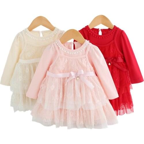 Brand New Kids Baby Girls Clothes Lace Tulle Cake Dresses Wedding Party Lace Long-sleeve Gown Bridesmaid Princess Dress