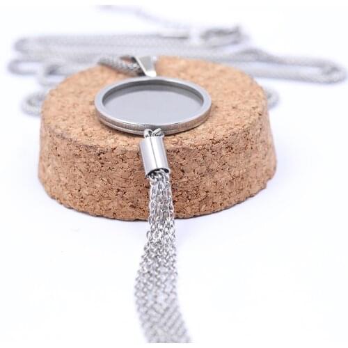 Onwear 5pcs stainless steel blank cabochon base settings 20mm dia pendant necklace bezel trays with tassel charms for jewelry