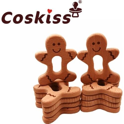 Coskiss Food Grade Gingerbread Beech Wooden Teethers Baby Teether for Kids Childrens Toys Diy Making Wooden Rings Teething Toys