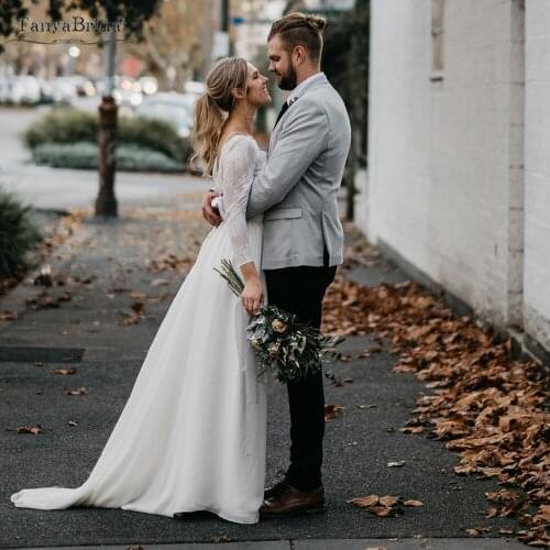 France Lace Wedding Dresses Long Sleeve A-Line Backless Bridal Gowns Romantic Boho Engagement Noivas DW534
