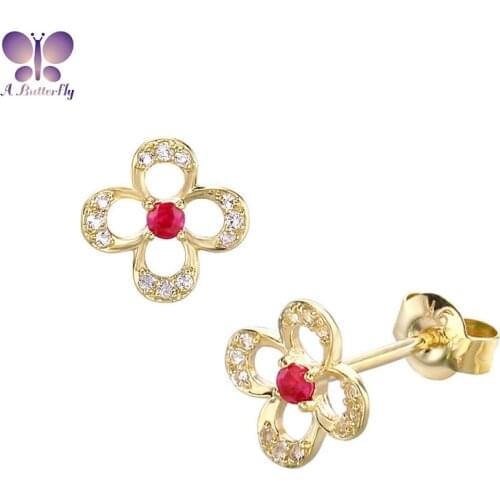 9K Gold Ruby Flower Stud Earrings Fashionable Exquisite And Compact Design Simple And Versatile Jewelry Birthday Gift