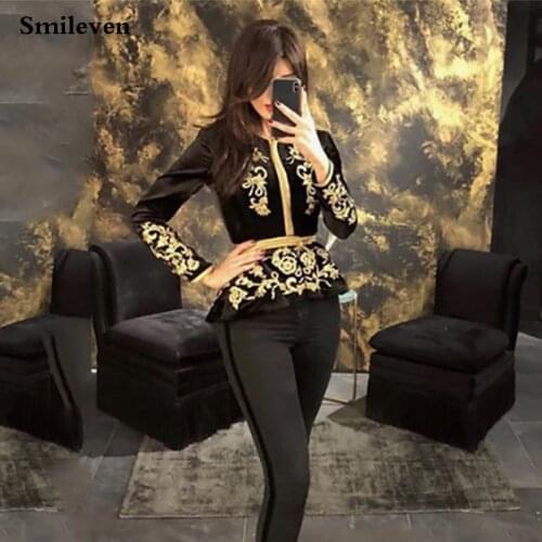 Smileven Dark Green Karakou Algerian Caftan Mermaid Evening Dresses Only Jacket Detachable Belt Prom Dress Gold Lace Party Gowns
