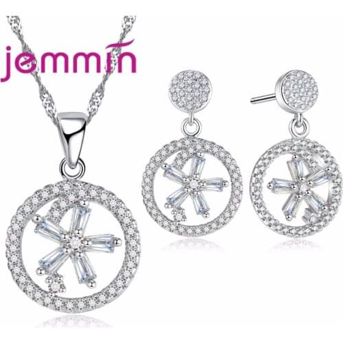 Gorgeous Sparking 925 Sterling Silver Jewelry Set Necklace Earrings Bijoux Sets Classic Round Hollow Flower Inside New Design