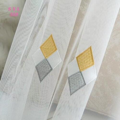 Embroidered White Gauze Nordic Curtains Korean Pastoral Princess Geometric Diamond Lattice Suitable for Bay Window Bedroom