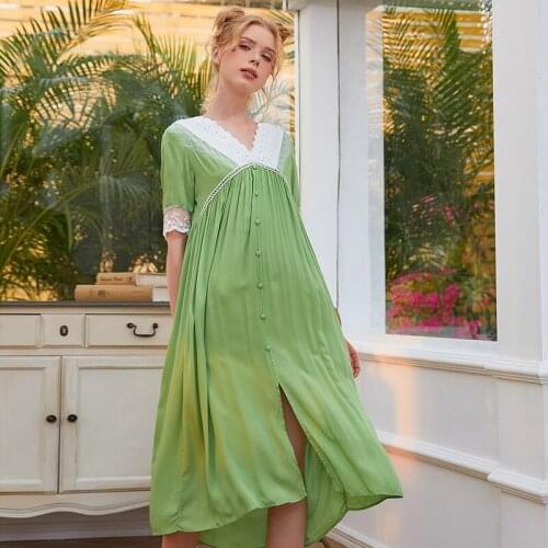 2021 Summer Court Sexy Lace V-Neck Loose Solid Color Cotton Nightgowns Half Sleeve Women Vintage Sleeping Dress Long Home Wear