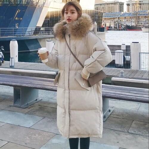 Woman Parkas Long Fur Collar Hooded Jacket Winter Thick Warm Cotton-Padded Coat Loose Bread Down Cotton Casual Overcoat Female