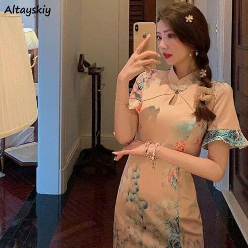 Dresses Women Chinese Style Retro Elegant Hole Mandarin Collar Floral Mid-calf Flare-sleeves Side Slit Qipao Sexy Oriental slim