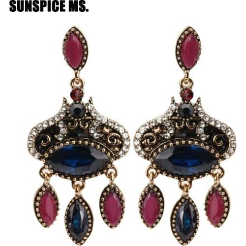 Sunspicems Indian Earring for Women Retro Gold Color Ethnic Wedding Resin Jewelry
