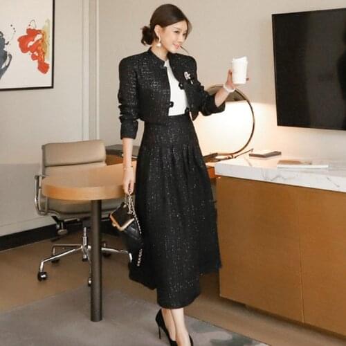 2021 Autumn Winter Womens Two Piece Set New Tweed Short Jacket + A-Line Long Skirt Suit Female Lady Fashion 2 Piece Suits