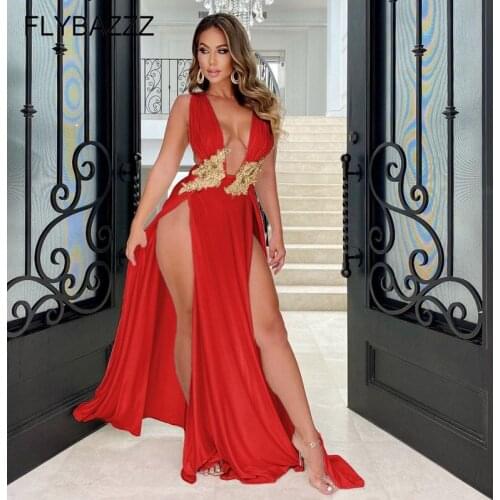 Sexy Deep V Neck Women Evening Party Dress Fashion Patchwork Split Long Maxi Dress Elegant Sleeveless Beach Summer Dress Vestido