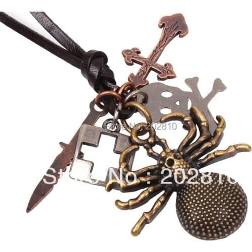 Hot sales alloy cross word Skull spider pendant Leather cord necklace 2020 Virgin Mary Catholic Christ cross Jesus necklace