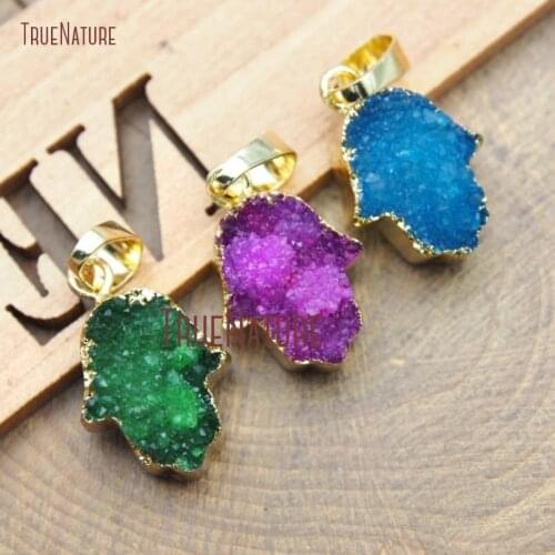 10Pcs Cheap Hot Pink, Teal, Blue Druzy Crystal Pendant Gold Hand Hamsa Pendant For Less 19x13mm PM15276