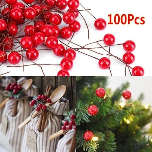100 pcs Red Mini Fake Fruit Artificial Flower Cherry Stamen Gifts for The New Year Christmas Pendant Tree Decorations Berry