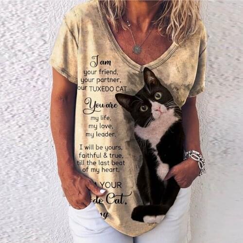 2021 Summer V Neck Lovely Cat Short Sleeve Graphic T Shirts Women Pullover Plus Size Solid Color Letter Print Loose Tops