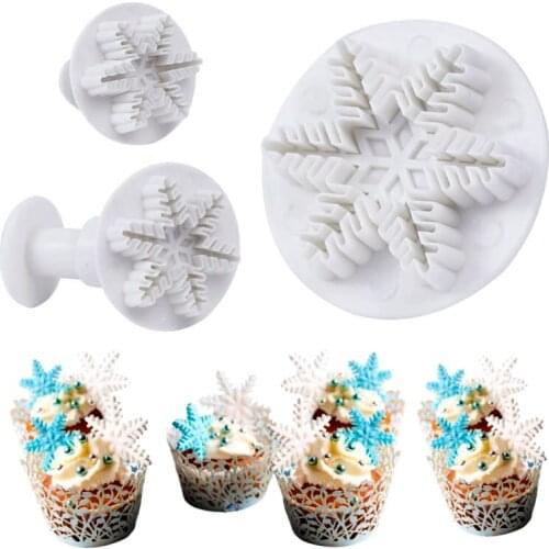 3Pcs Christmas Snowflake Plunger Cutter Mold Snowflake Cookie Fondant Cake Mould For Xmas Birthday Party Cake Decor Baking Tools