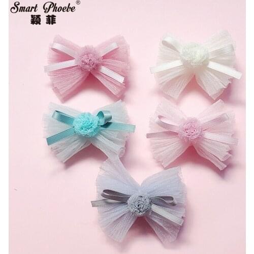 Boutique 20pcs Fashion Cute Pom Pom Tulle Bow Hairpins Ribbon Bowknot Hair Clips Princess Headwear Girls Hair Accessories