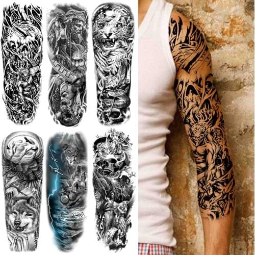 Full Sleeve Warrior Temporary Tattoo For Men Women Adult Fake Wolf Lion Skull Tattoos StickerBlack Big Waterproof Tatoos Paste