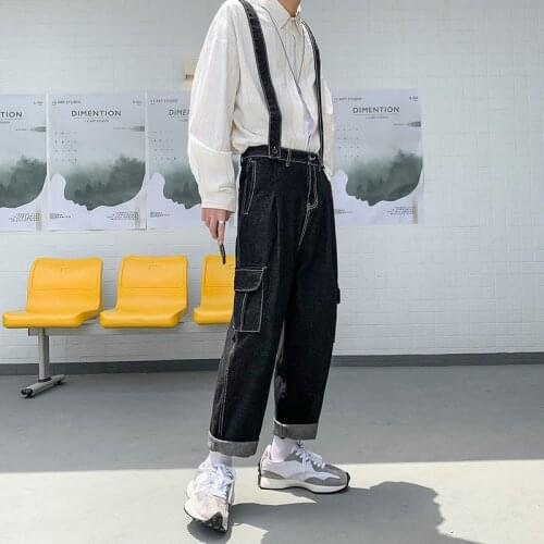 Bib Mens Straight Jeans Loose Trend High Street Wide-leg Denim Pants Streetwear Suspenders Overalls Hip-hop Casual Trousers Men
