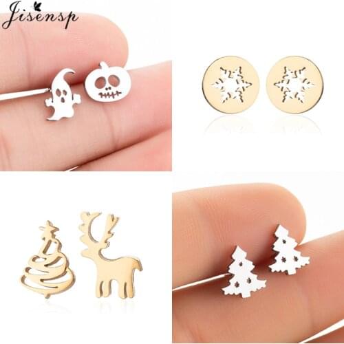 Jisensp Stainless Steel Cute Christmas Earrings for Women Girls Kids Everyday Jewelry Fashion Snowflake Deer Ear Studs pendiente