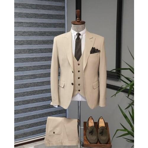 Costume Homme Business Khaki Men Suits Wedding Groom Tuxedo Terno Masculino Bridegroom Slim Fit Blazer 3 Pieces Jacket Pant Vest