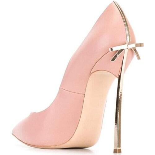 Hot Selling Pink Leather Pumps Women Shoes Gold Metal Heels Pointed Toe Butterfly-knot Wedding Shoes Bride Cut-out Stiletto Heel