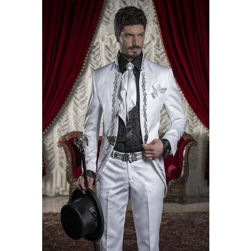 White Stand Collar Tailcoat Fashion Latest Designs Embroidered Men Suits Custome Made Blazer(Jacket+Pant+Tie+Handkerchiefs)