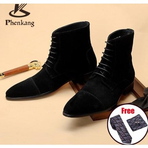 Men Winter Boots Genuine Leather Suede Chelsea Boots Brogue Casual Ankle Flat Shoes Comfortable Quality Slipon Dress Boots 2020