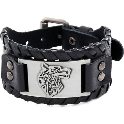 Jessingshow Vintage Men Viking Bracelet Wolf Cowhide Bracelet Mens Wide Leather Strap Bracelet Totem Jewelry Accessories