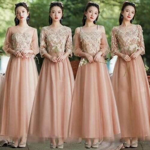 Bridesmaids Dresses Illusion A-Line Boat-Neck Three Quarter Spaghetti Straps Lace Tulle Sequined Women Wedding Party Gown E552