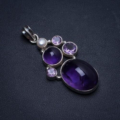 Natural Amethyst and River Pearl Handmade Vintage 925 Sterling Silver Pendant 2" U0060