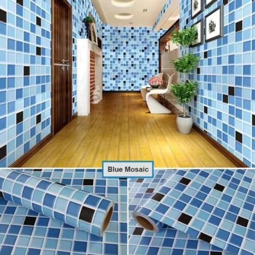 Pvc Waterproof Self Adhesive Home Wallpapers Kitchen Oil-Proof Bathroom Toilet Wall Sticker Blue Mosaic Imitation Tile Pattern