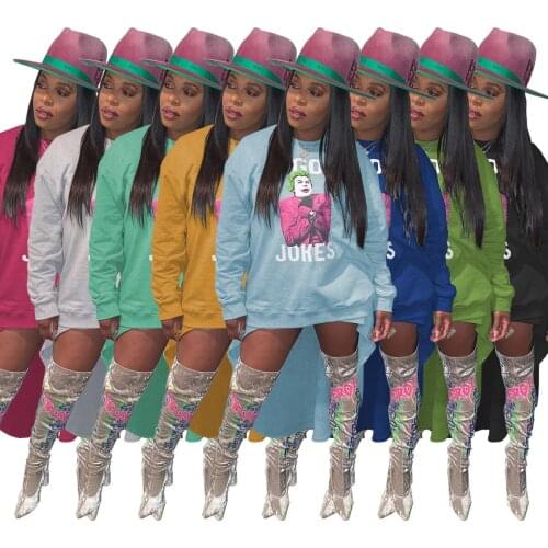 Echoine 2020 Autumn Winter Women Character Print Irregular back swing Sweatshirt Streetwear Fashion Long Sleeve Pullover clothes