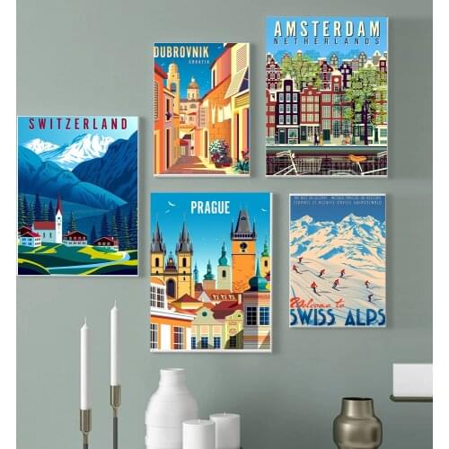 Vintage Art Canvas Painting European Poster and Prints Amsterdam Denmark Stockholm Town Travel Cities Landscape Wall Art Picture