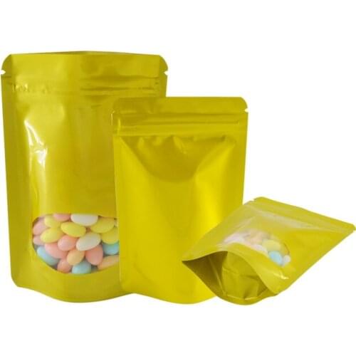 Gold Bag Gold Pouches Clear Window Stand Up Zip Bag Food Storage For Tea,Snack,Candy,Pet,Powder Reusable Leak Proof 100 Pcs