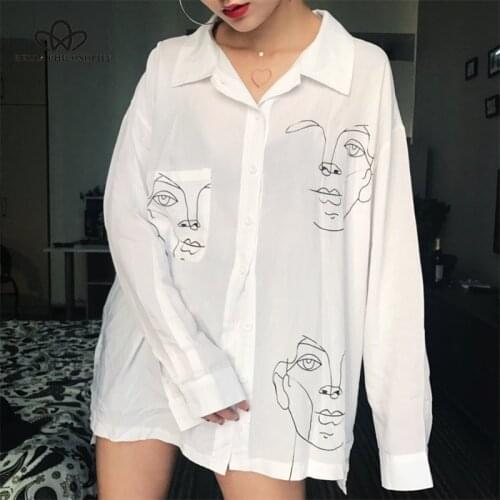 Bella Philosophy 2019 Summer Women Shirt Casual Print Tops Clothing for Couple Blouse Loose Cartoon Printed Turn-down Collar
