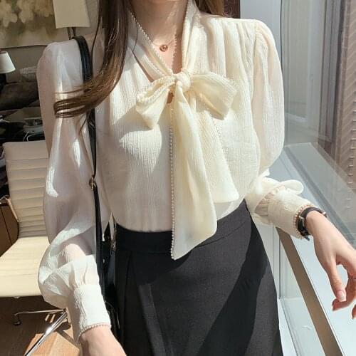 Chiffon Shirt Women 2021 Spring New Lady Bow Ribbon Korean Version of Fashion Long-sleeved Women Top
