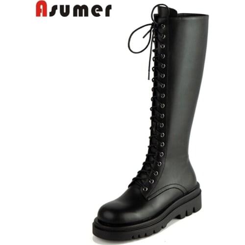 Asumer 2022 Women Winter Boots Platform Comfortable Knee High Boots Zipper Cross Tied Ladies Shoes Casual Genuine Leather Boots