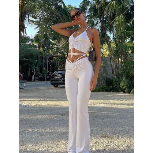 Tossy New Two Piece Set For Women Halter Top And Pants Drawstring Matching Sets Blue High Waist Hollow Out Outfits Streetwear