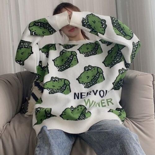 2021 Streetwear Oversize Female Pullover Kawaii crocodile Embroidery Hip Hop Knit Women Sweater Winter Loose Woman Clothing