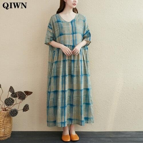 Plus Size 4XL 5XL 6XL Maxi Dresses For Women Vintage Loose Big Swing Cotton Linen Long Dress Robe Femme Plaid Boho Dress Vestido