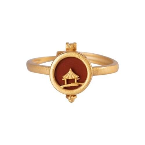 S925 sterling silver gold plated Southern red agate Ring Retro Temperament Can be opened Perfume bag Pavilion Ladies ring