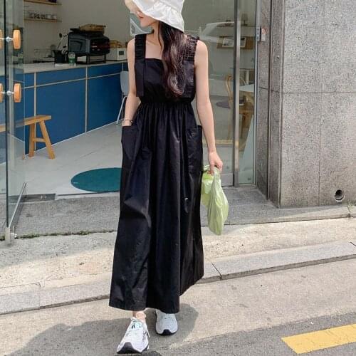 Johnature Solid Color Sleeveless Spaghetti Strap Dress For Women 2021 Summer New Loose Square Collar Elastic Waist Dresses